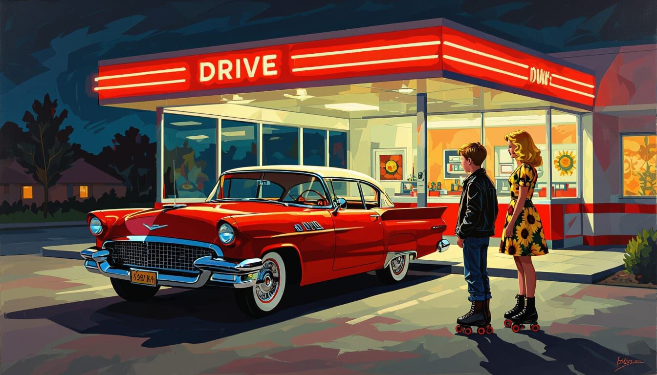 1950s Diner Scene in Abstract Surrealist Style