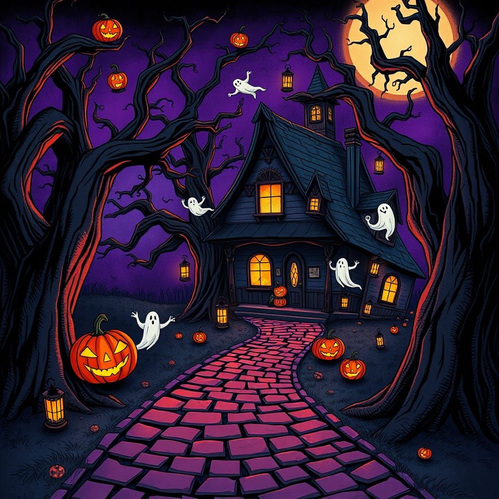 Whimsical Halloween Scene in Dark Fantasy Style