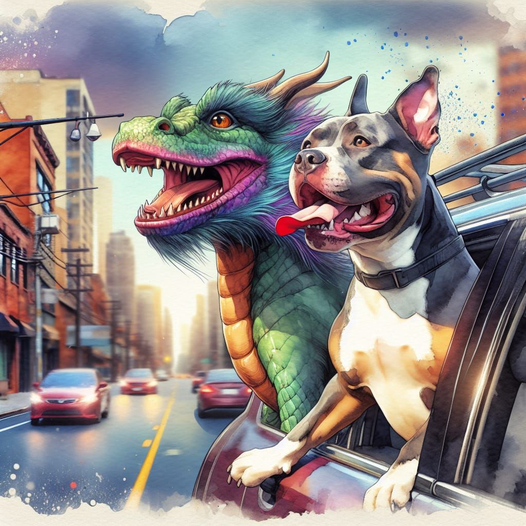 Dragon and Pit Bull Road Trip: Watercolor Illustration