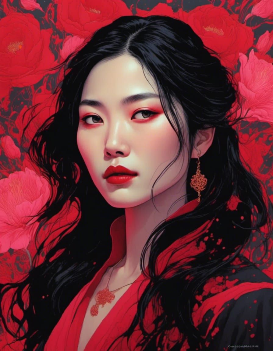 Asian Vampire Girl Portrait in Palekh Style