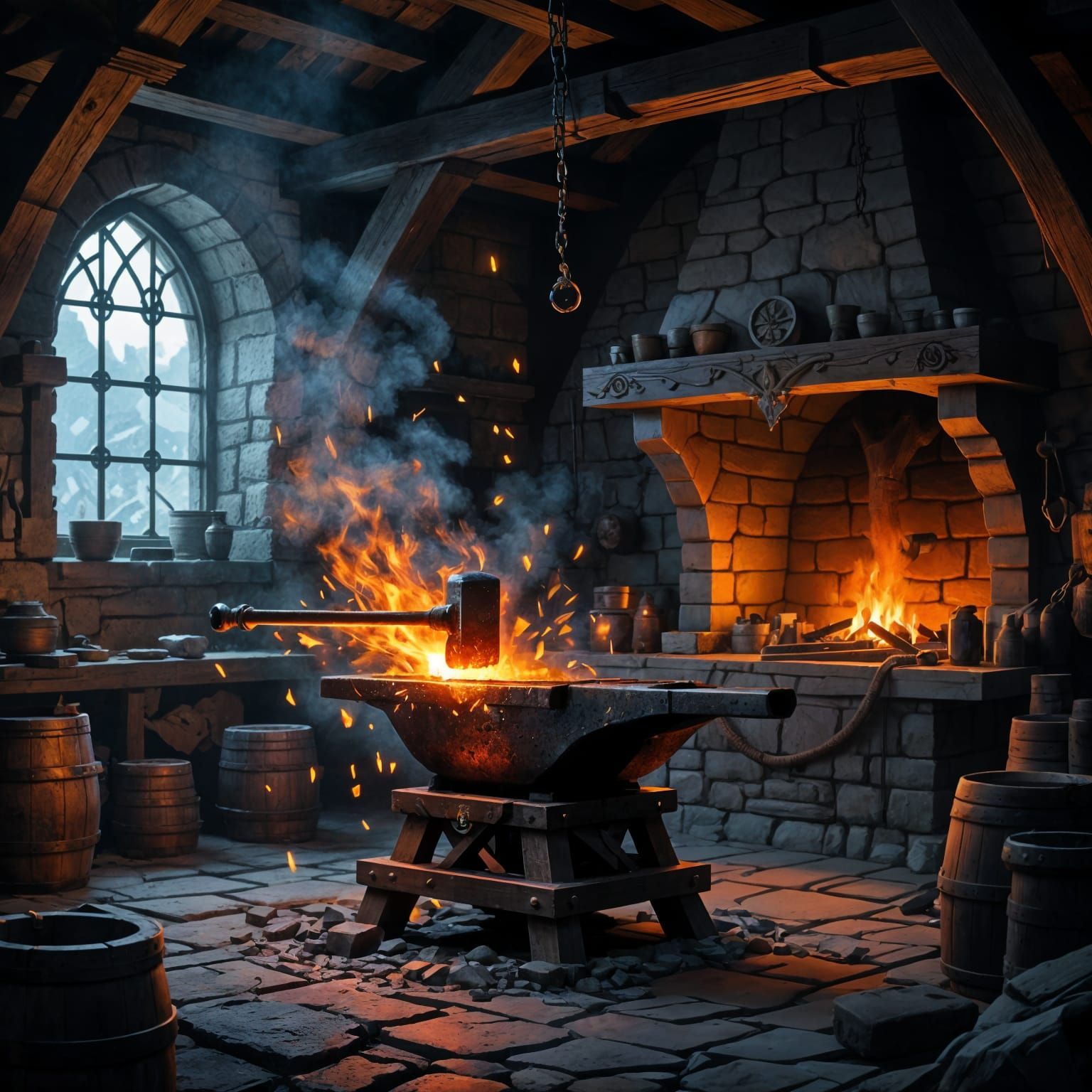 Magical Floating Hammer Forges Sword in Dwarven Forge