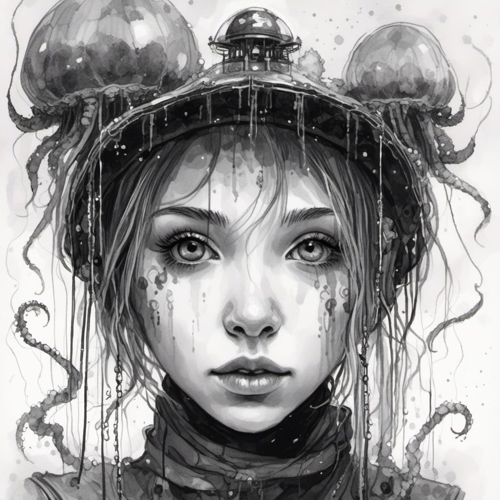 Cyberpunk Girl in Ink and Charcoal Style