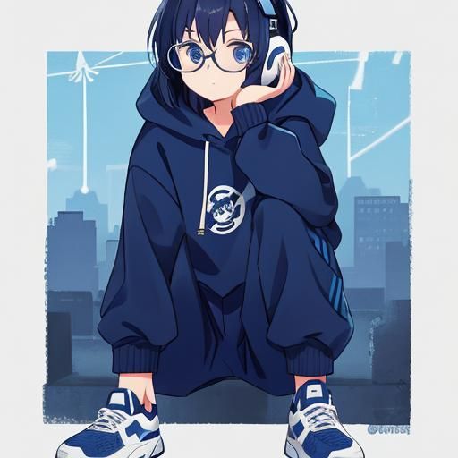 Girl with Blue Hair, Hoodie and Headphones