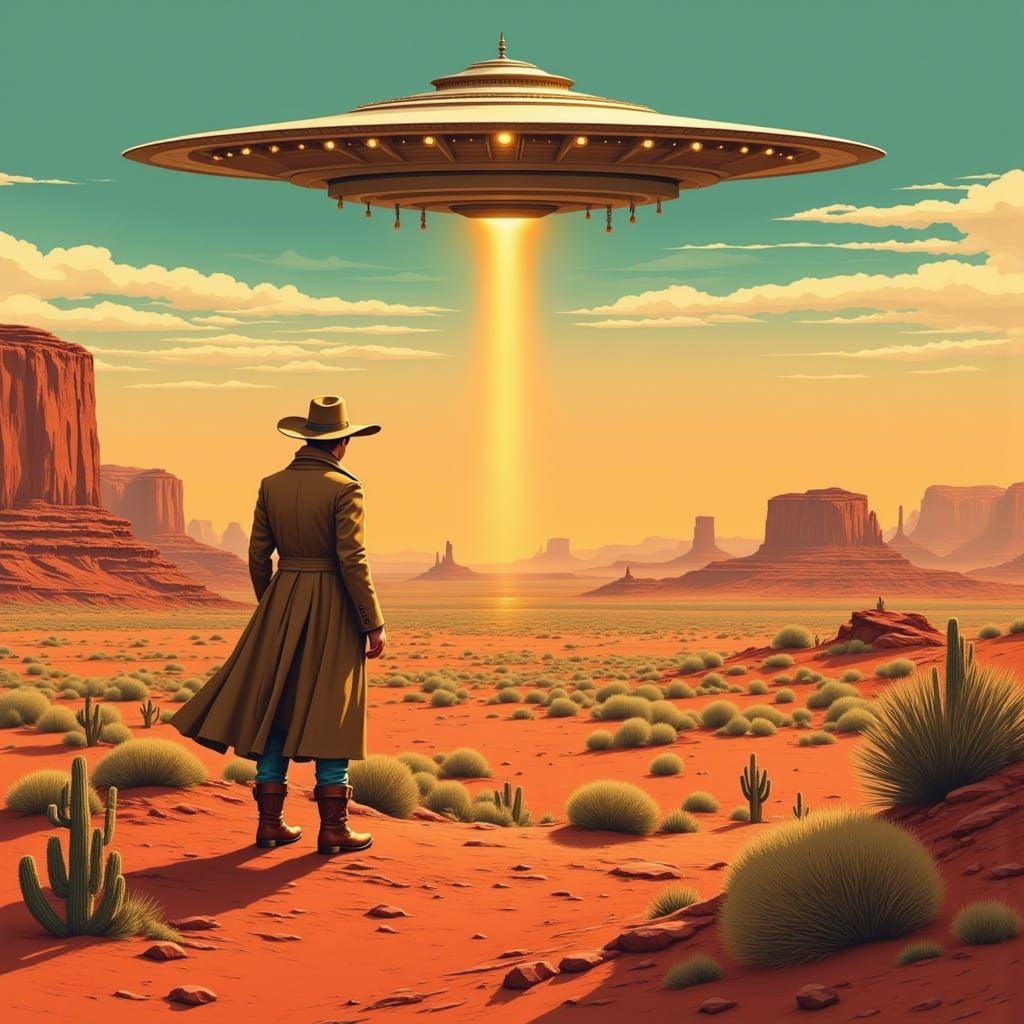 Cowboy Encounter with UFO in Retro-Futuristic Style