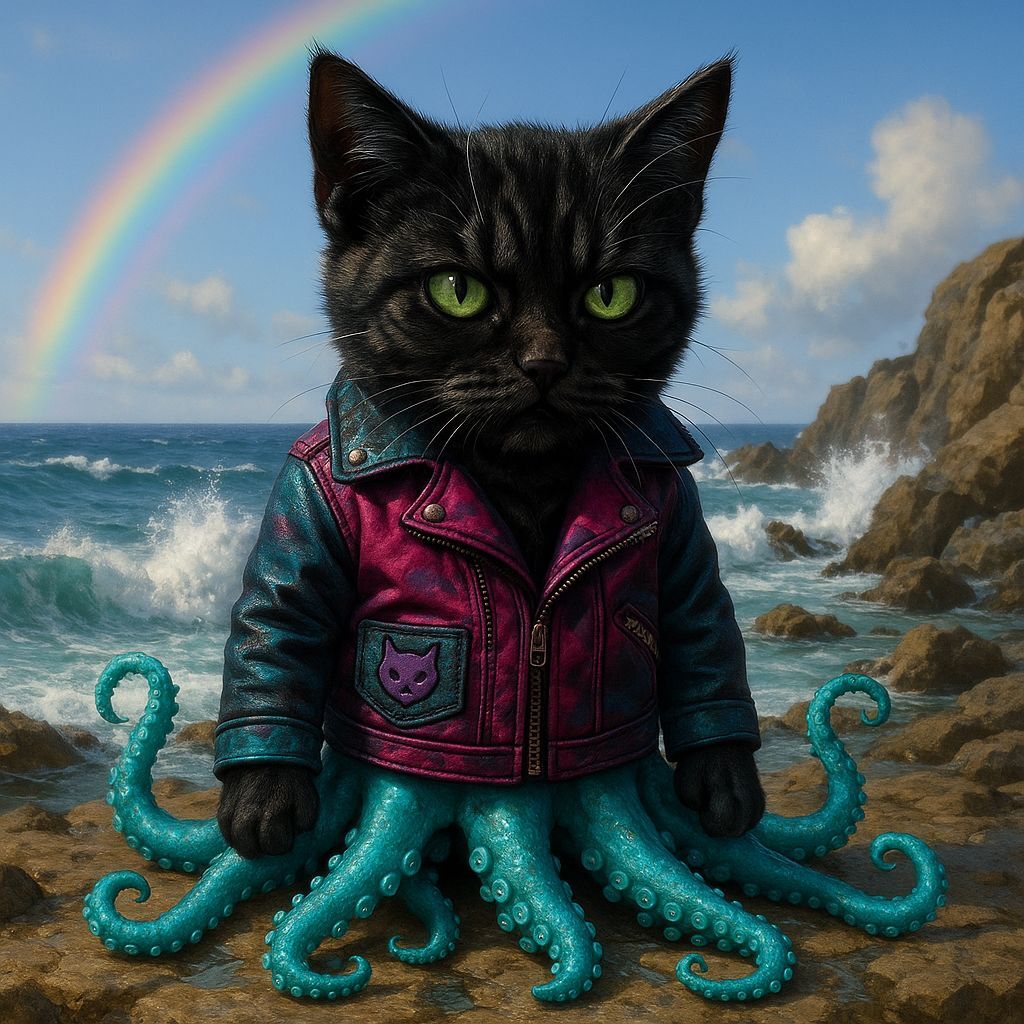 Tabby Kitten with Tentacles on Rocky Beach