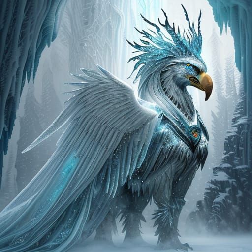 Surreal Stone Gryphon Guardian in Winter Wonderland