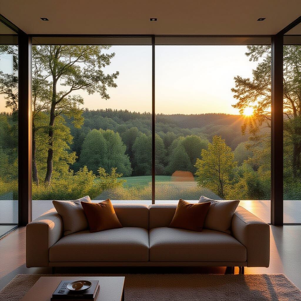 Minimalist Home Interior with Forest View at Sunset