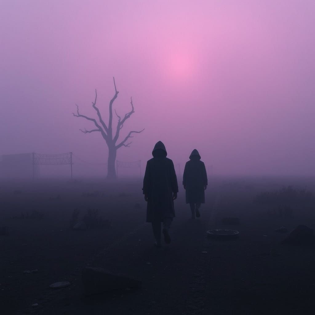 Melancholic Figures in Misty Landscape