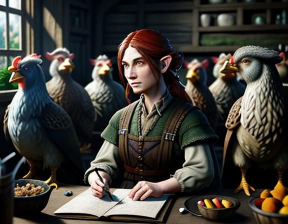 Female Hobbit Surrounded by Hens in 3D Style