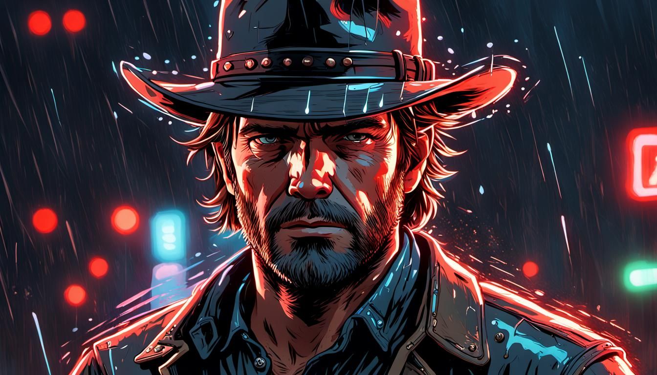 Arthur Morgan in Neon Rain: Anime-Style Illustration
