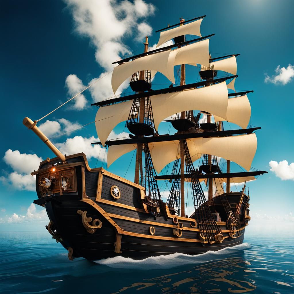 Pirate Ship Side View on Black Background