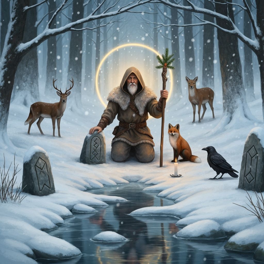 Winter Shrine in Ancient Forest with Hooded Figure