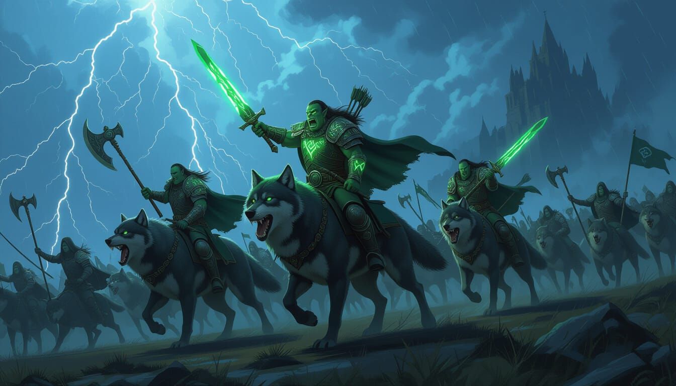 Orcs Charge Elves in Lightning Storm, Digital Matte Painting
