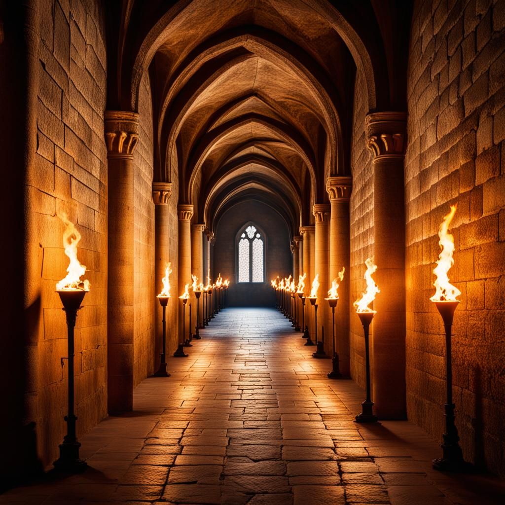 Medieval Castle Hallway Lit by Torches