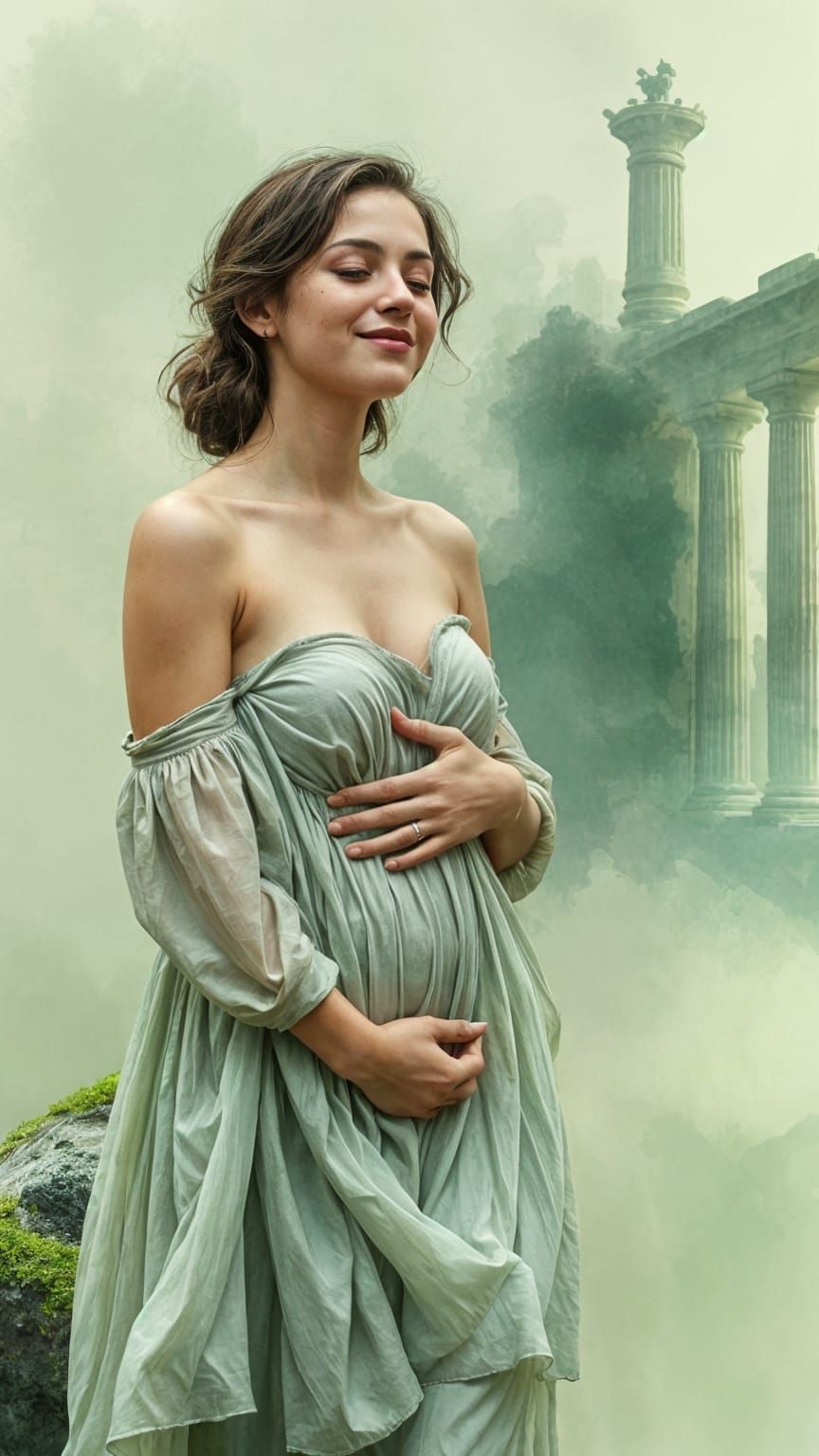 Surreal Portrait of a Serene Woman in a Dreamlike Green Land...