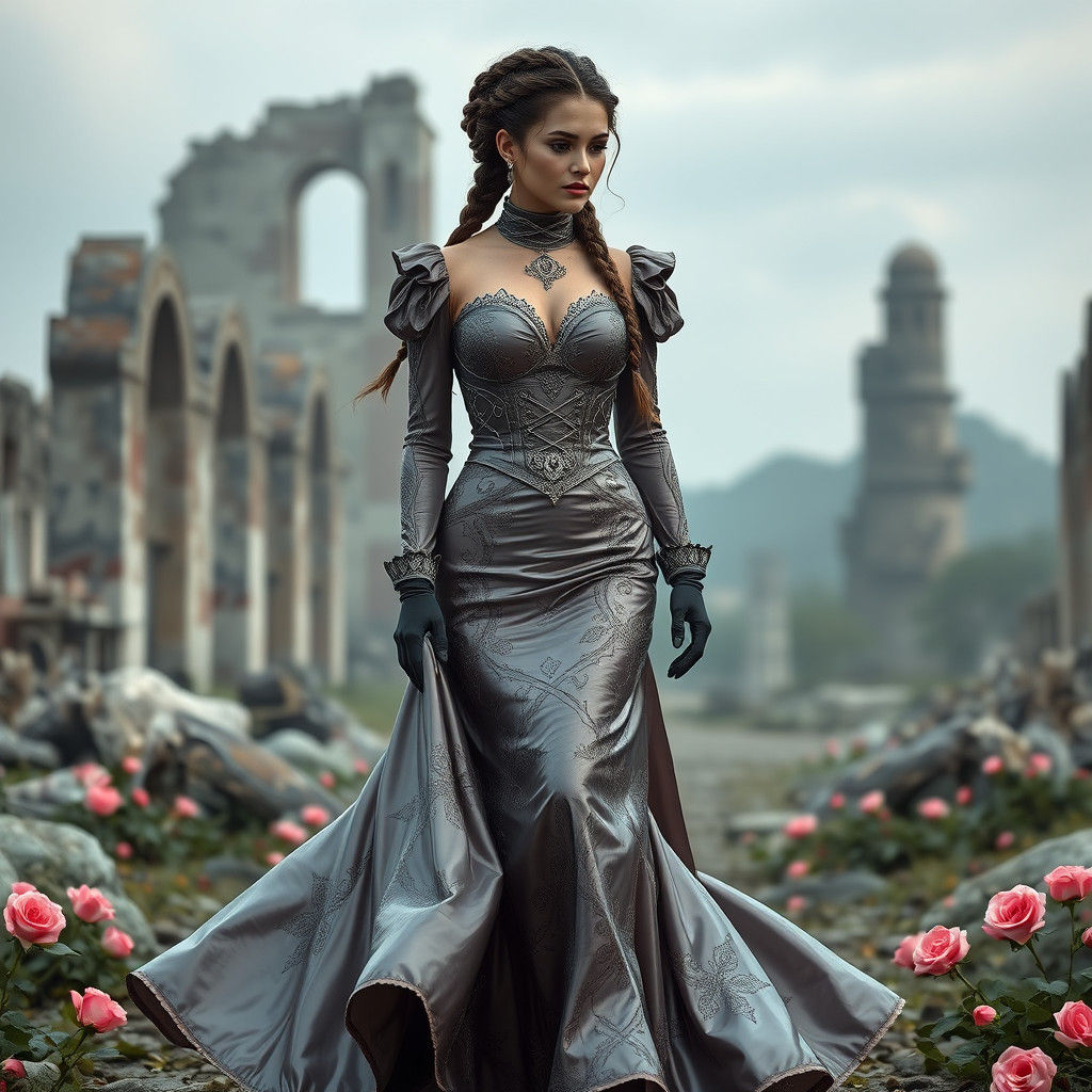Woman in Latex Victorian Dress Among Ruins