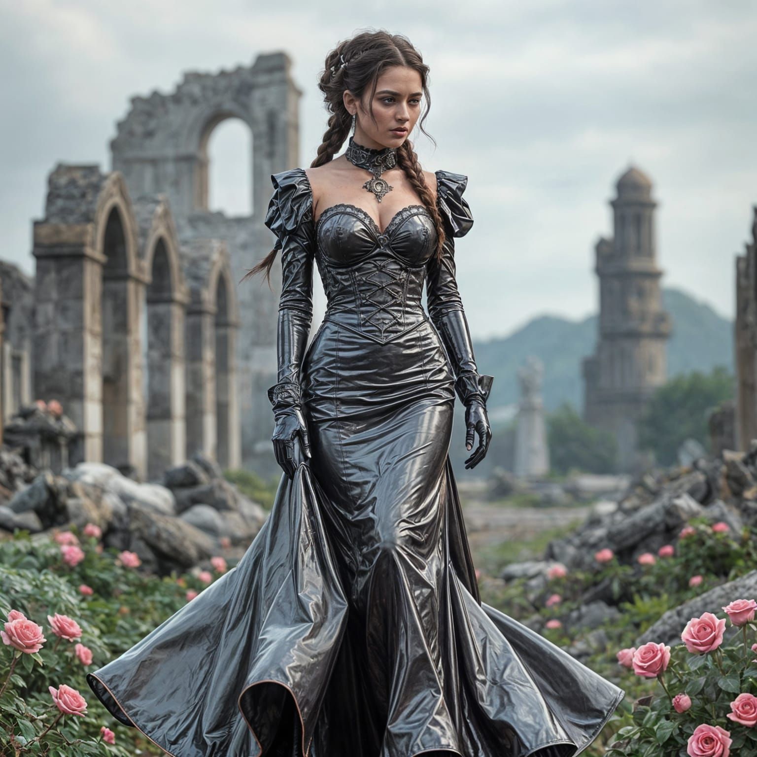 Woman in Latex Victorian Dress in Ruins