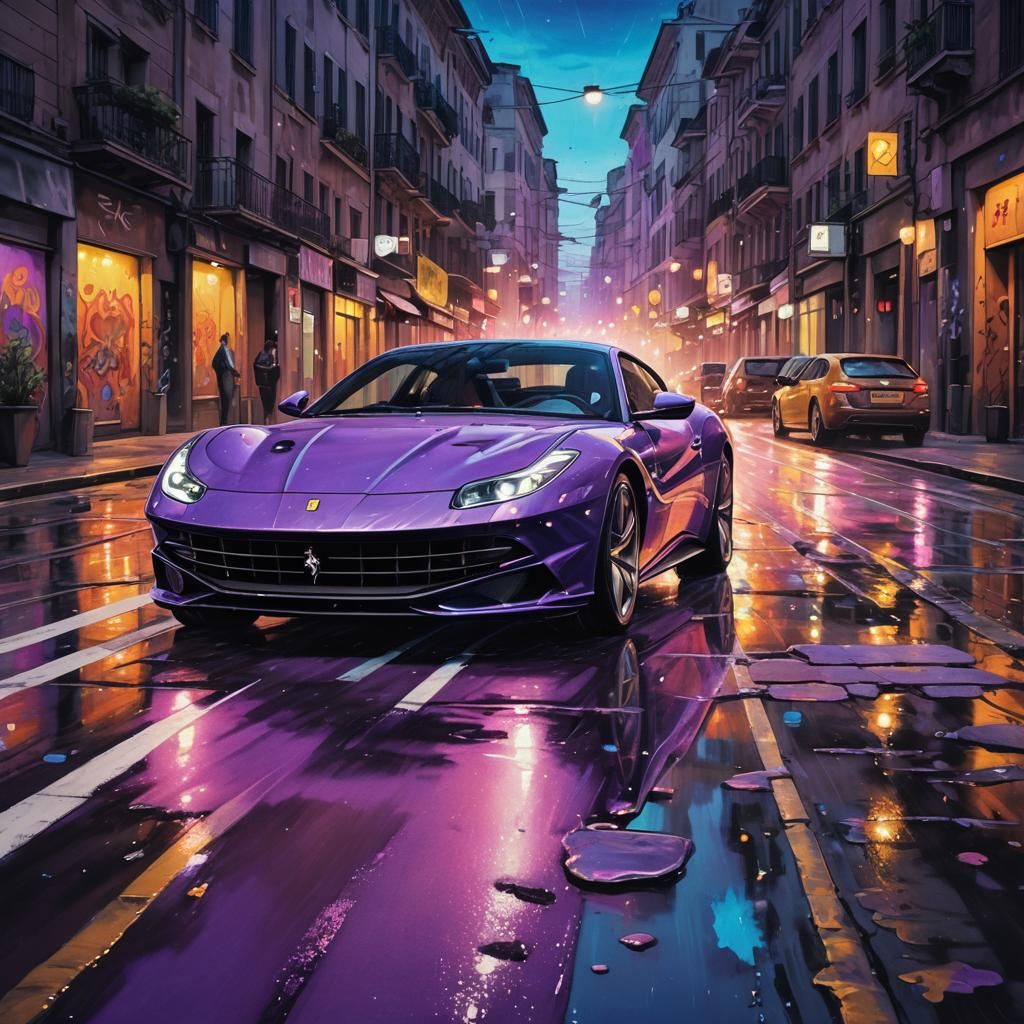 Ferrari Roma in Street Art Style at Night