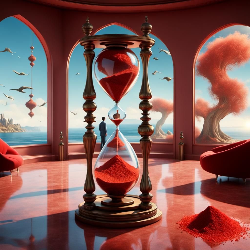 Hourglass and surroundings in the style of Salvador Dalí