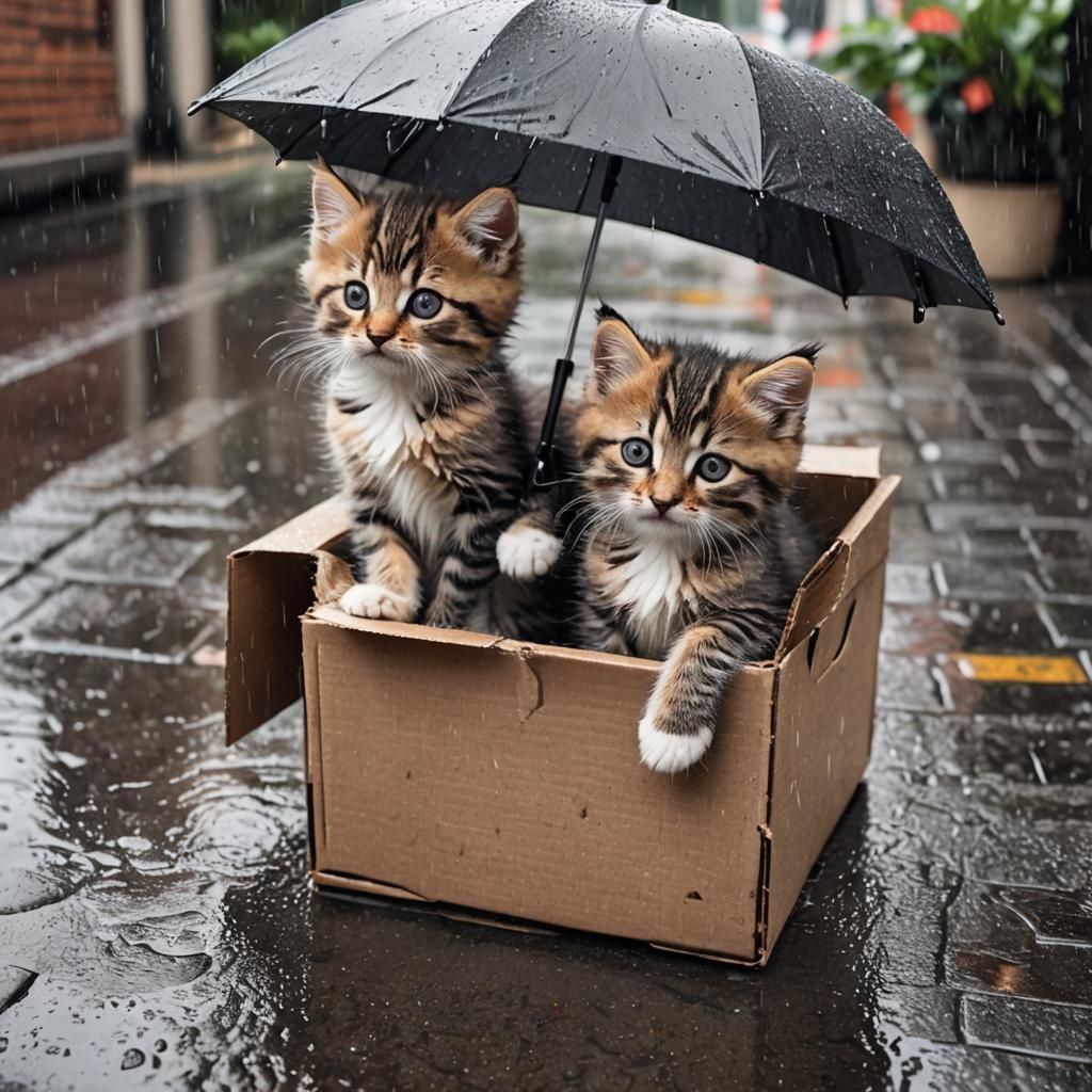 Kittens Seek Shelter from Rain in a Box
