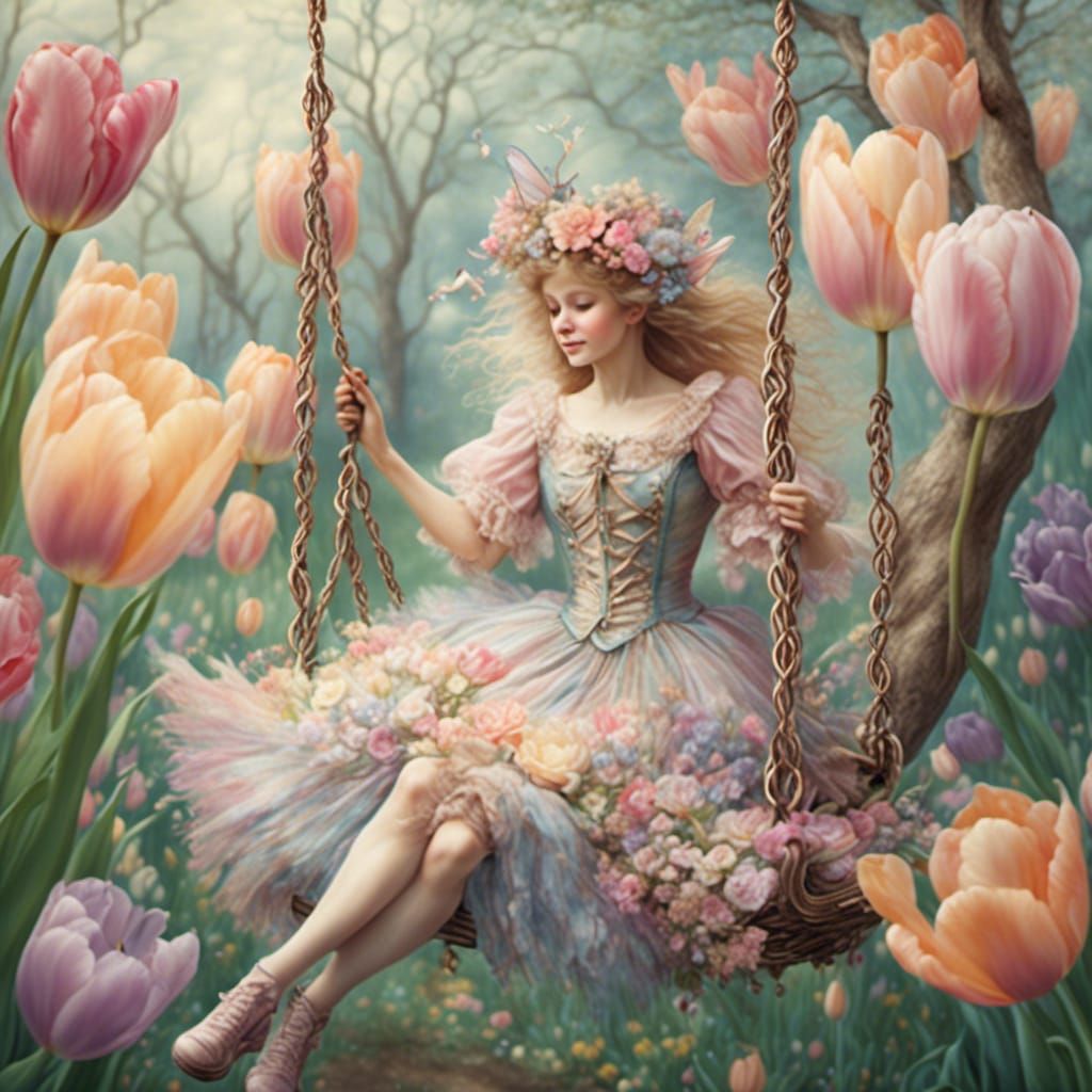 Victorian Fairy on Swing in Pastel Tulip Garden