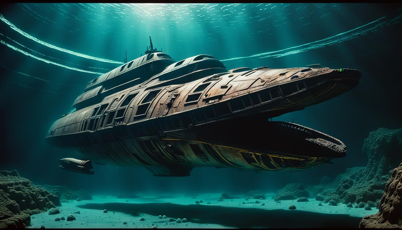 futuristic giant starship wreck underwater laying on the seafloor, Chris Foss style, Moebius style, Galactica style, lig...