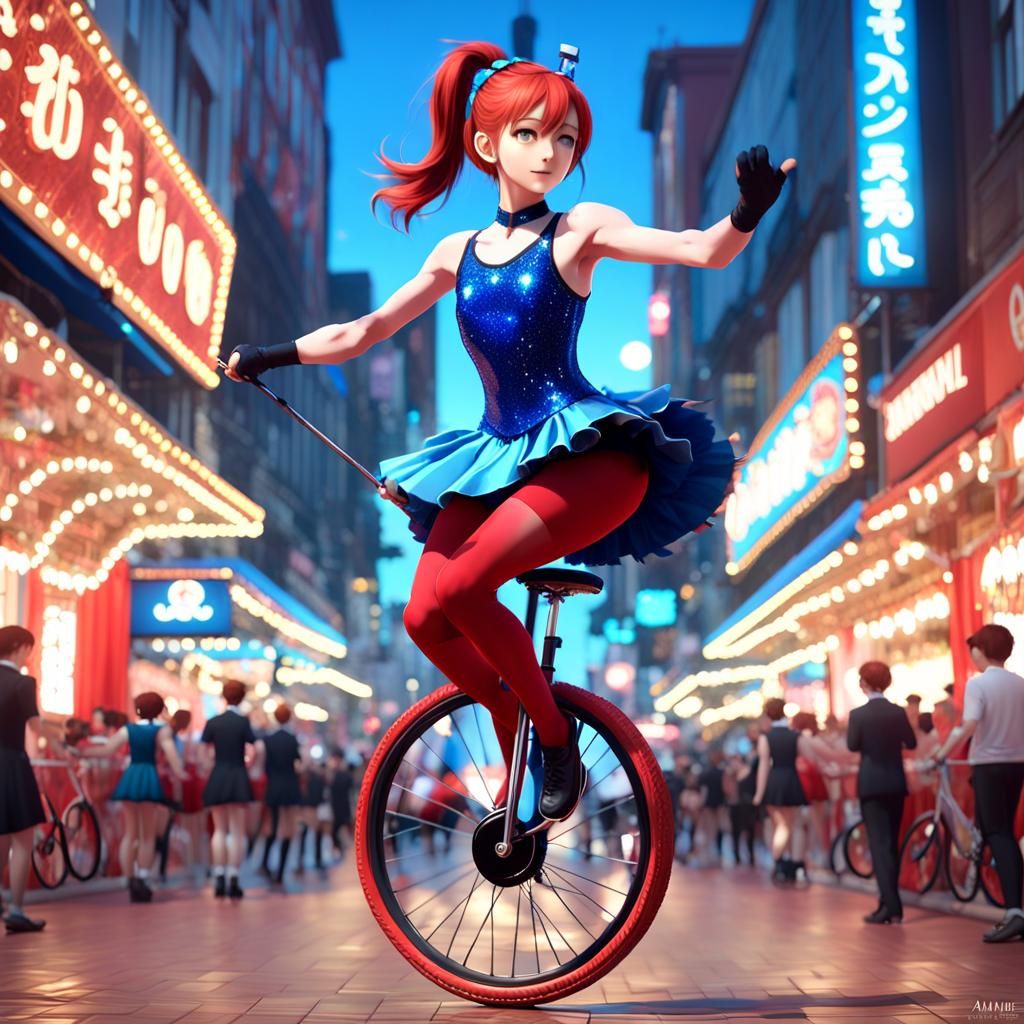 Anime Style Woman on Unicycle at Carnival