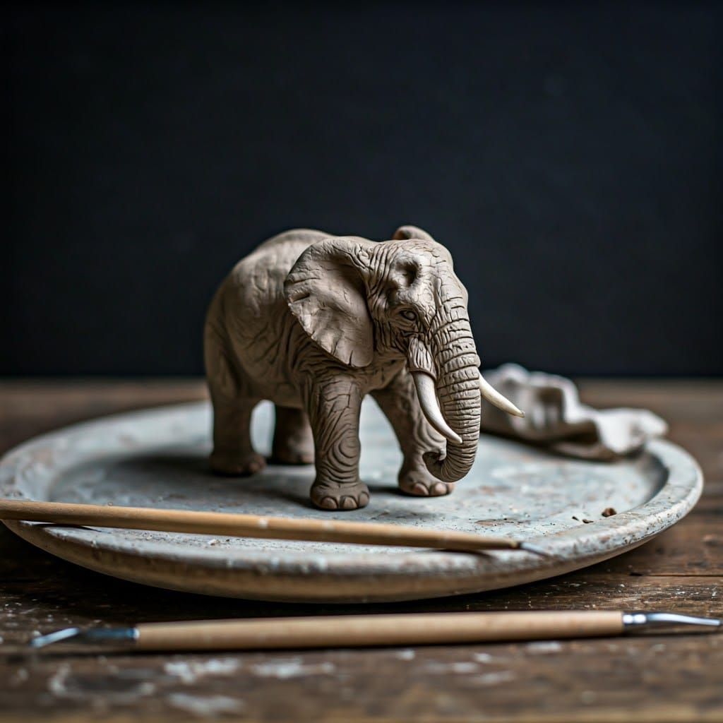 Miniature Clay Elephant Sculpture in Rustic Studio Setting