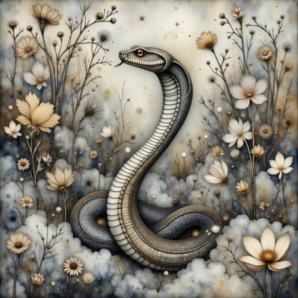 Watercolor Cobra in Misty Night Forest