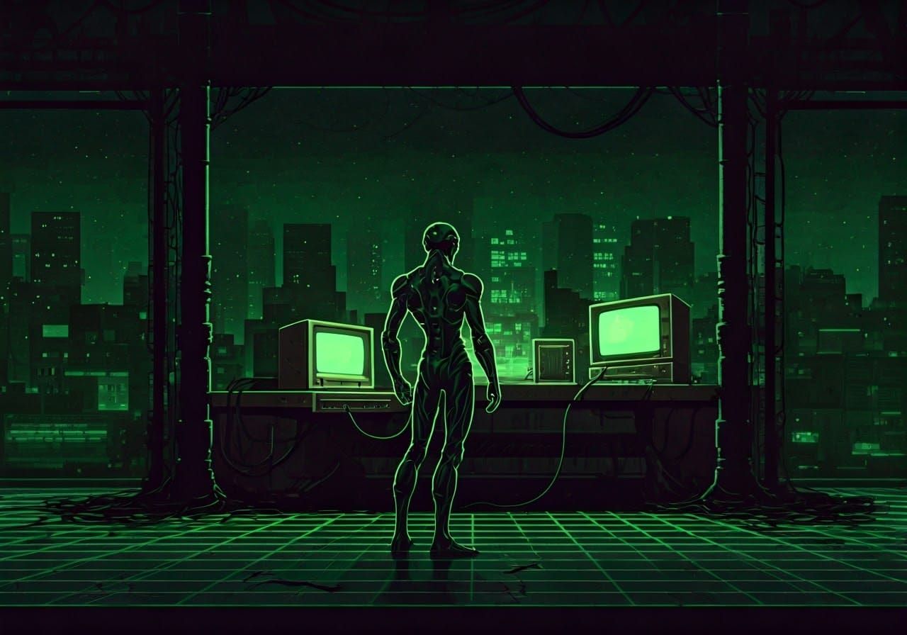 Cyborg in Dystopian City with Apple II Terminal