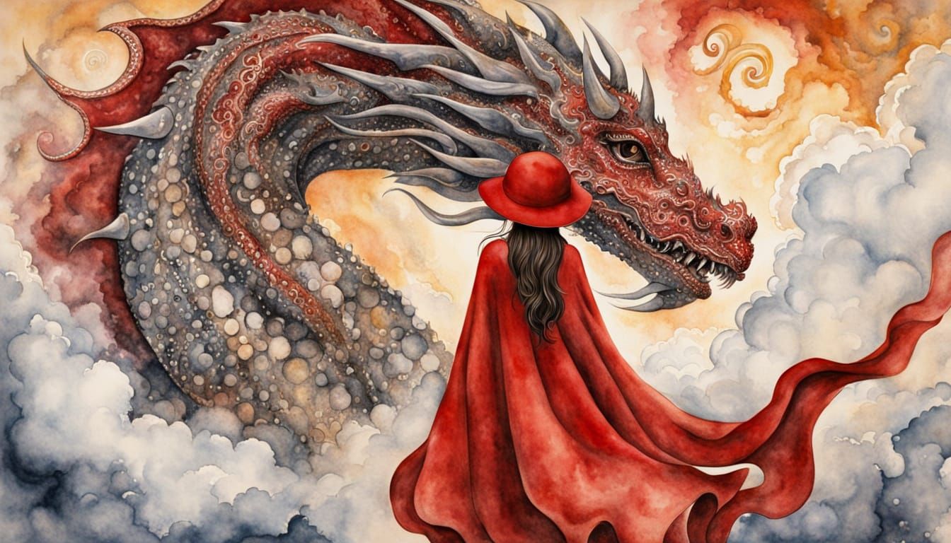 Woman and Dragon in Watercolor Splash Style