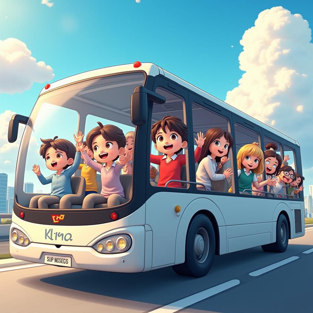 Anime City Bus with Spinning Wheels and Lively Passengers