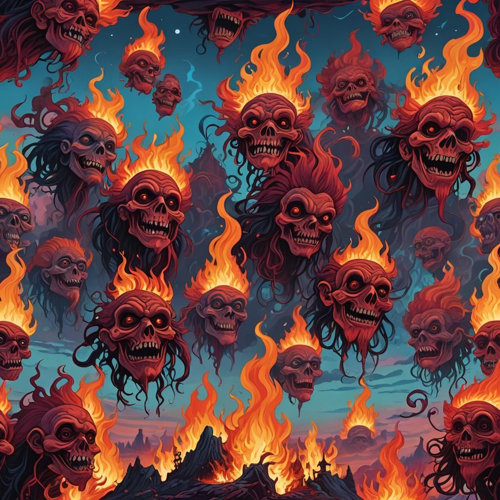 Flaming Heads in Surreal Twilight Landscape