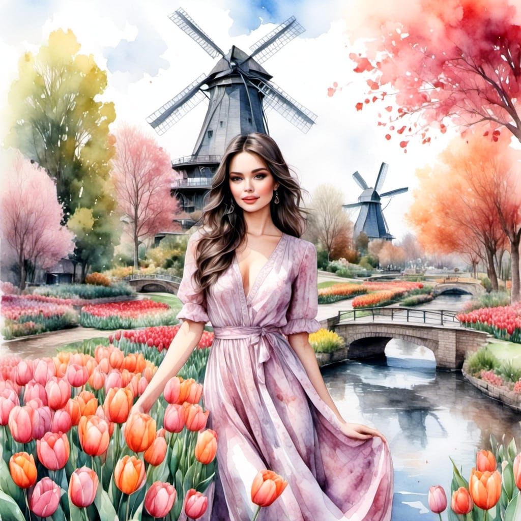 Woman in Holland with Tulips, Watercolor Style
