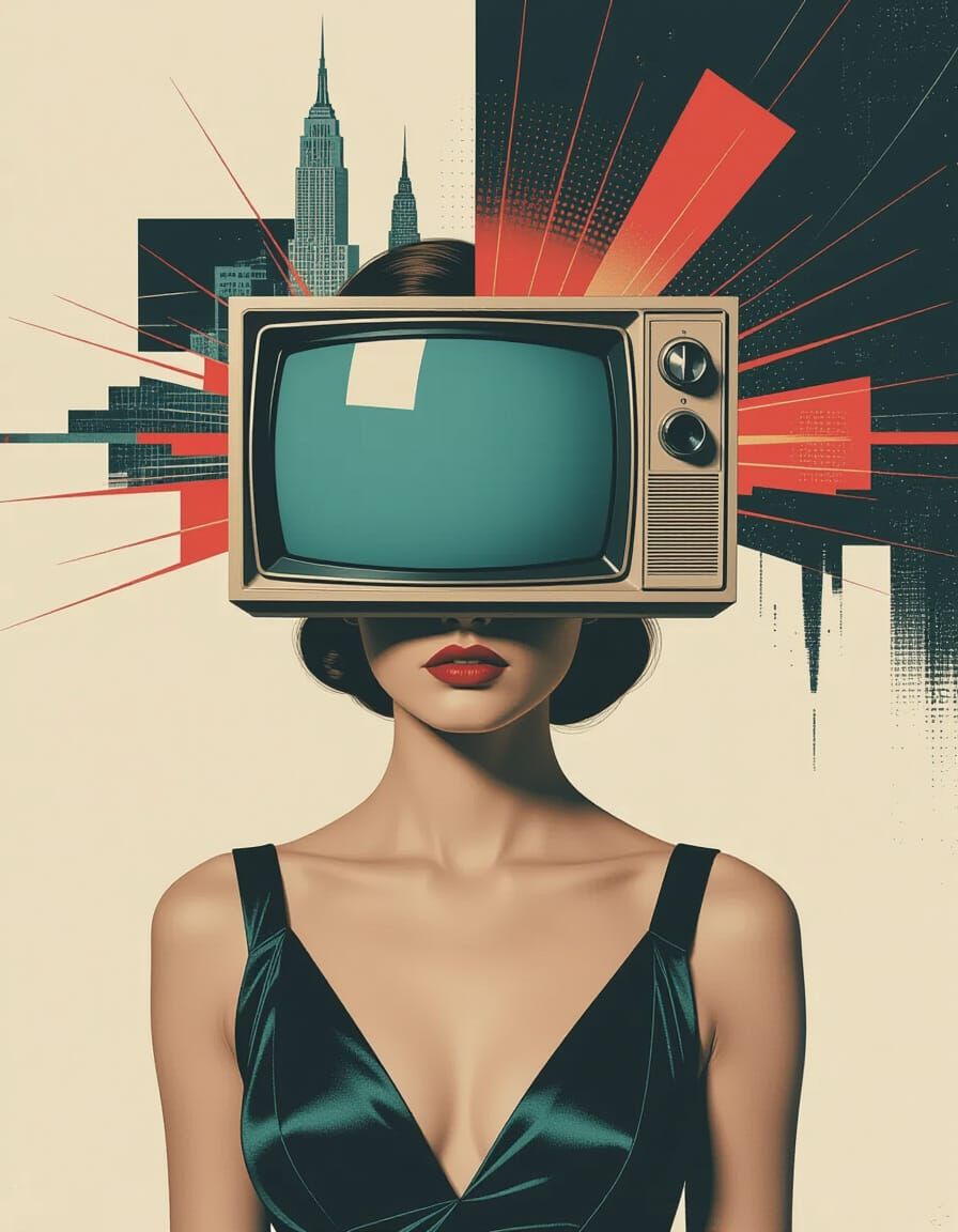 Surreal TV Head Woman in Film Noir Style