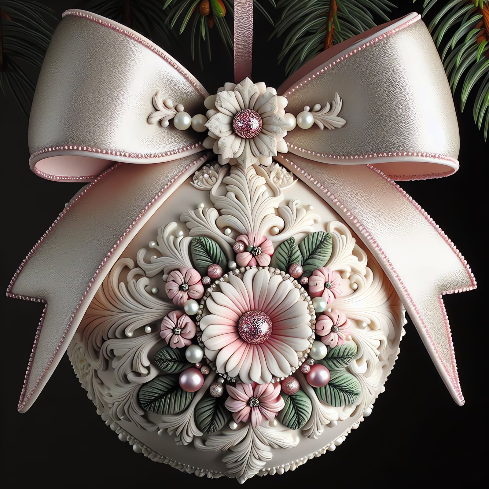 Elegant Christmas Ornament with Floral Design and Pink Ribbo...
