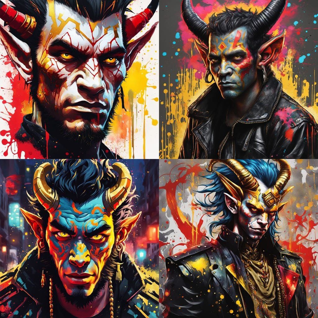 Punk Tiefling with Red Hair in Graffiti Art Style