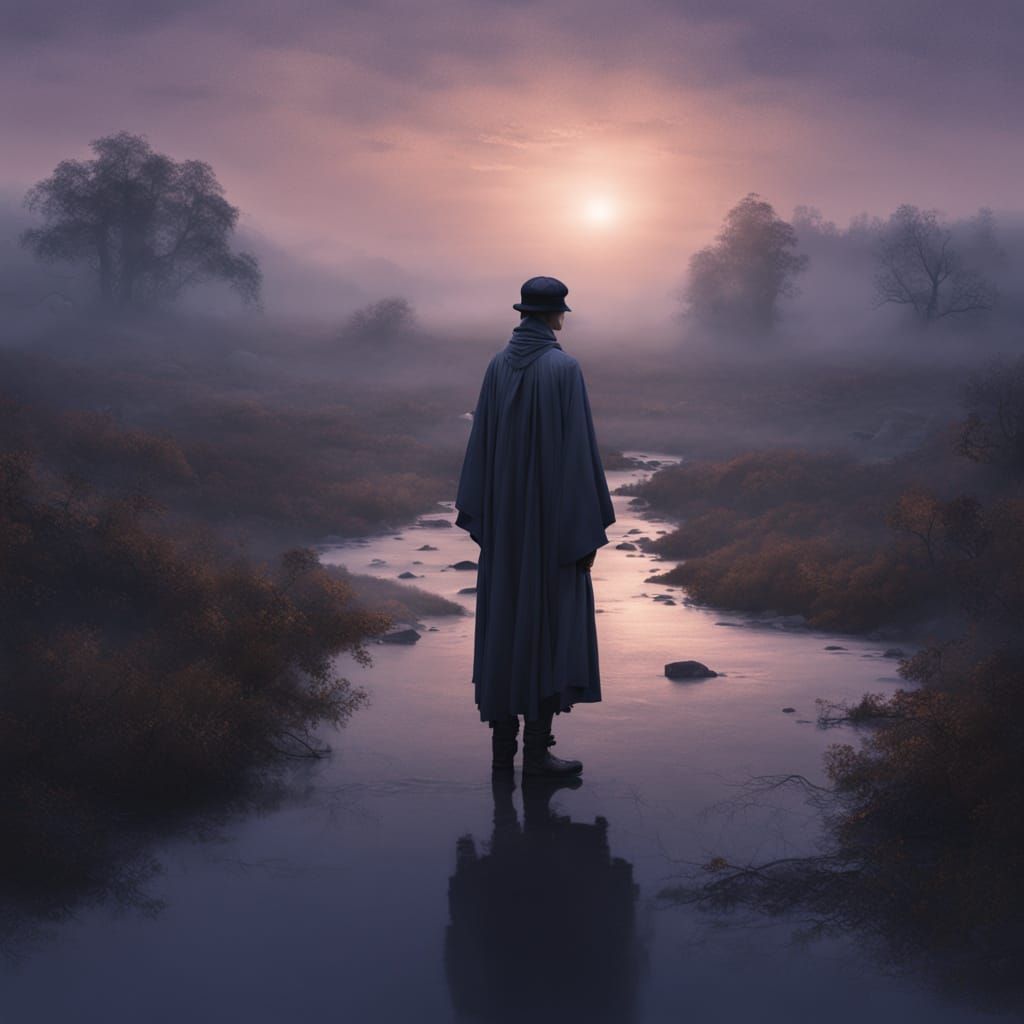 Mysterious Figure in Misty Landscape: Digital Art