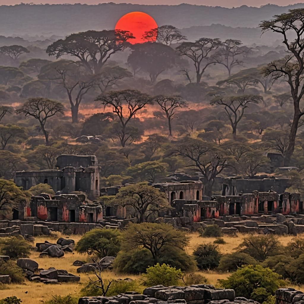 Zimbabwe Ruins at Sunrise with Red Illumination