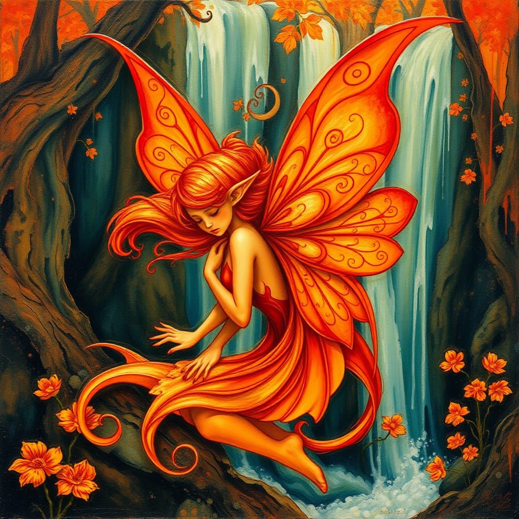 Orange Fairy Elf in Impasto Watercolor Style