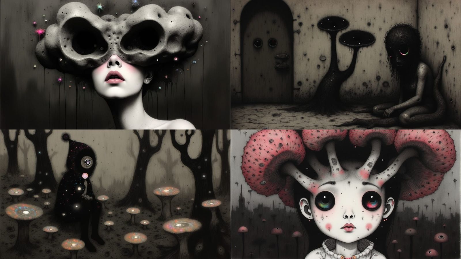 Surreal Charcoal Shadows in a Dark Watercolor Landscape