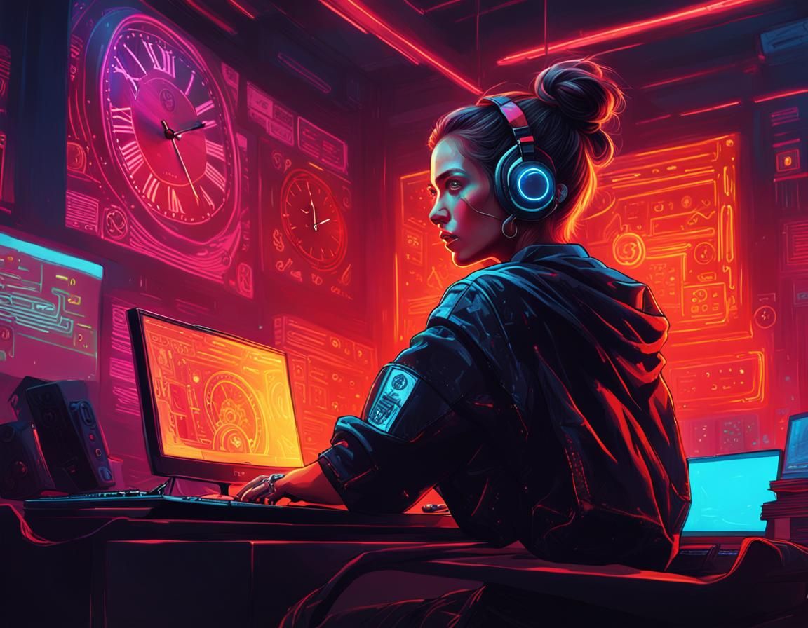 Cyberpunk Woman at Desk with Neon Glow