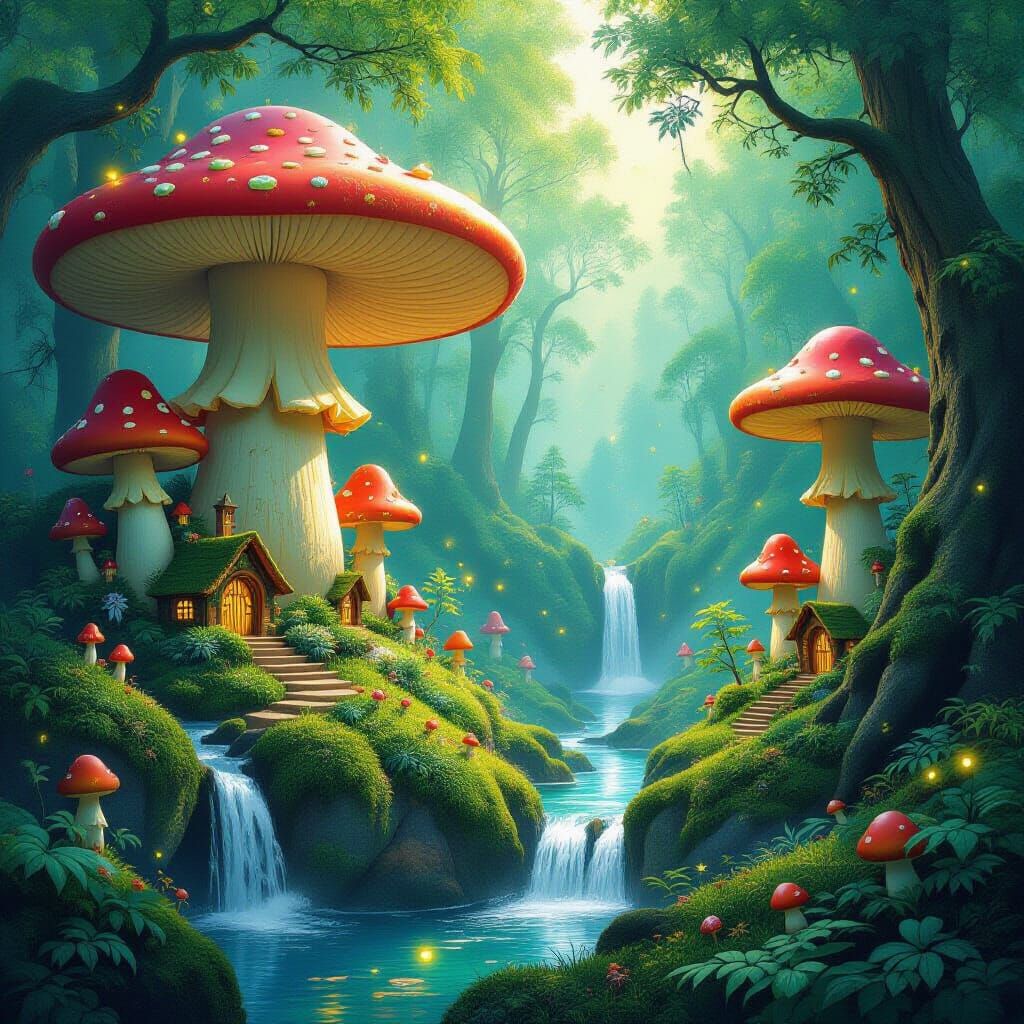 Enchanted Forest with Bioluminescent Flora in Art Nouveau St...