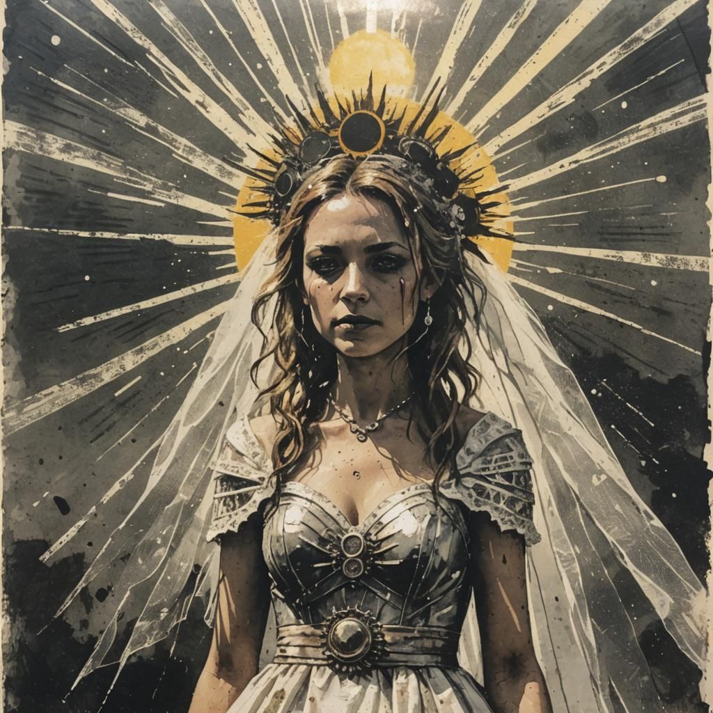 Solar Punk Bride in Post-Apocalyptic Sunscape Monoprint