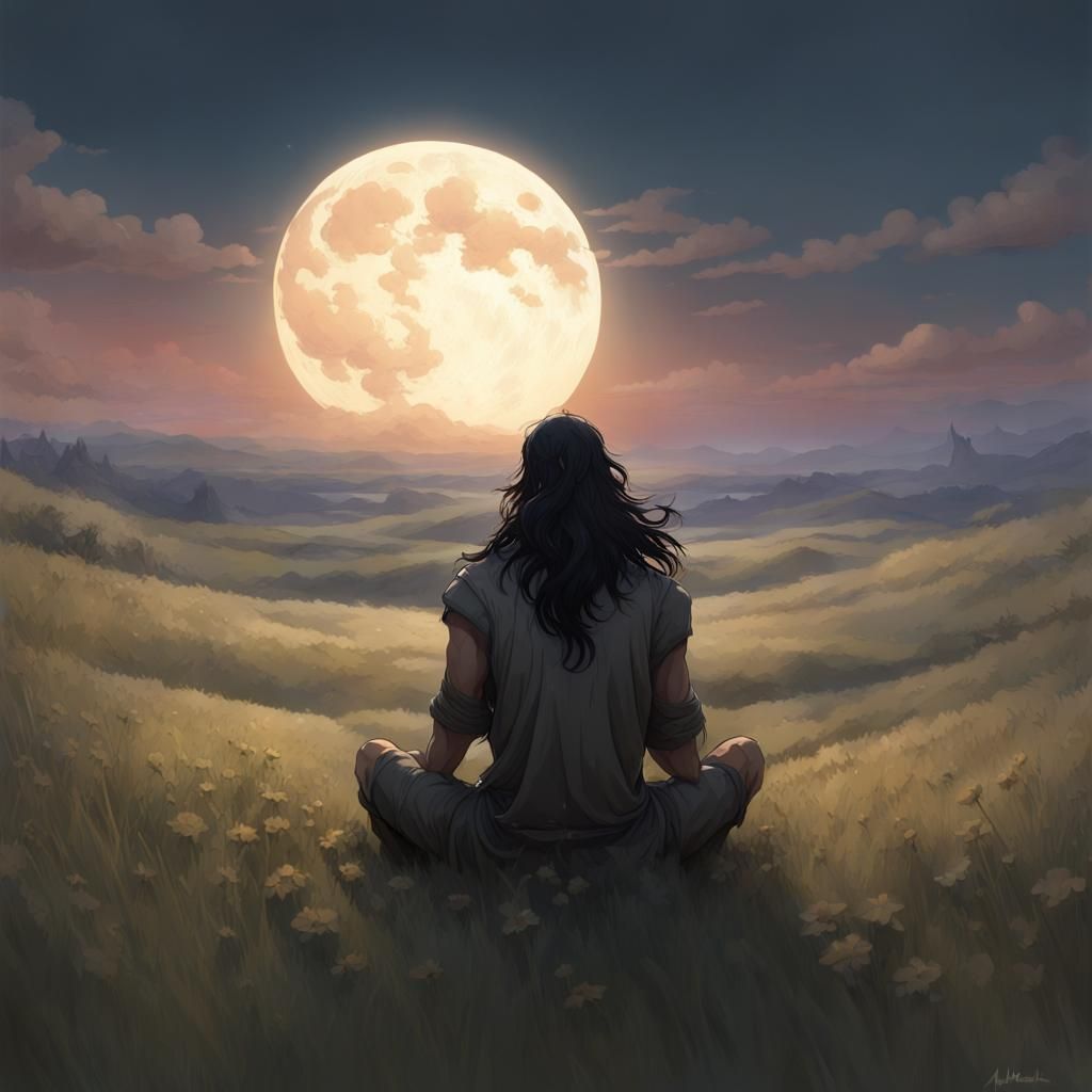 Man Worships Moon in Hyperdetailed Night Portrait