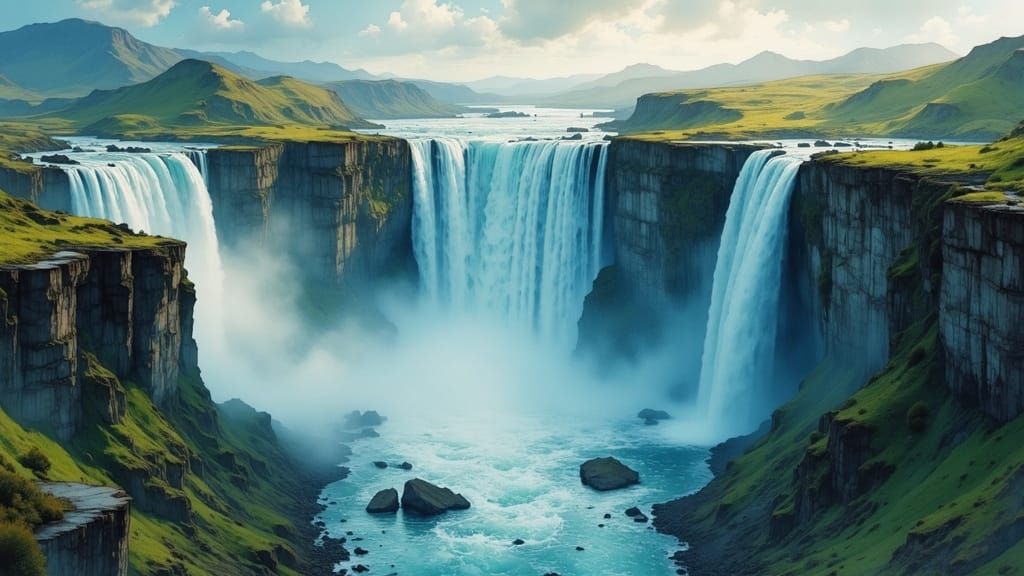 Colossal Waterfall Landscape in Watercolor and Oil Style