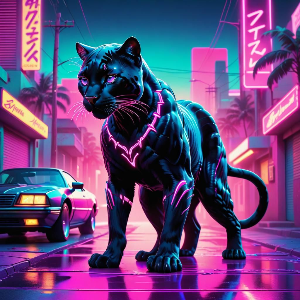 Neon Black Panther in Synthwave Vaporwave Style