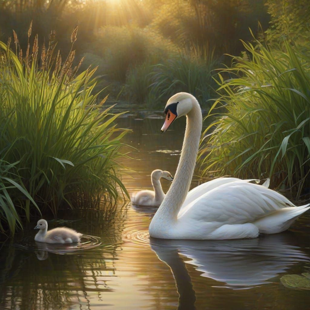 Serene Swan Family in Lush Wetland Landscape