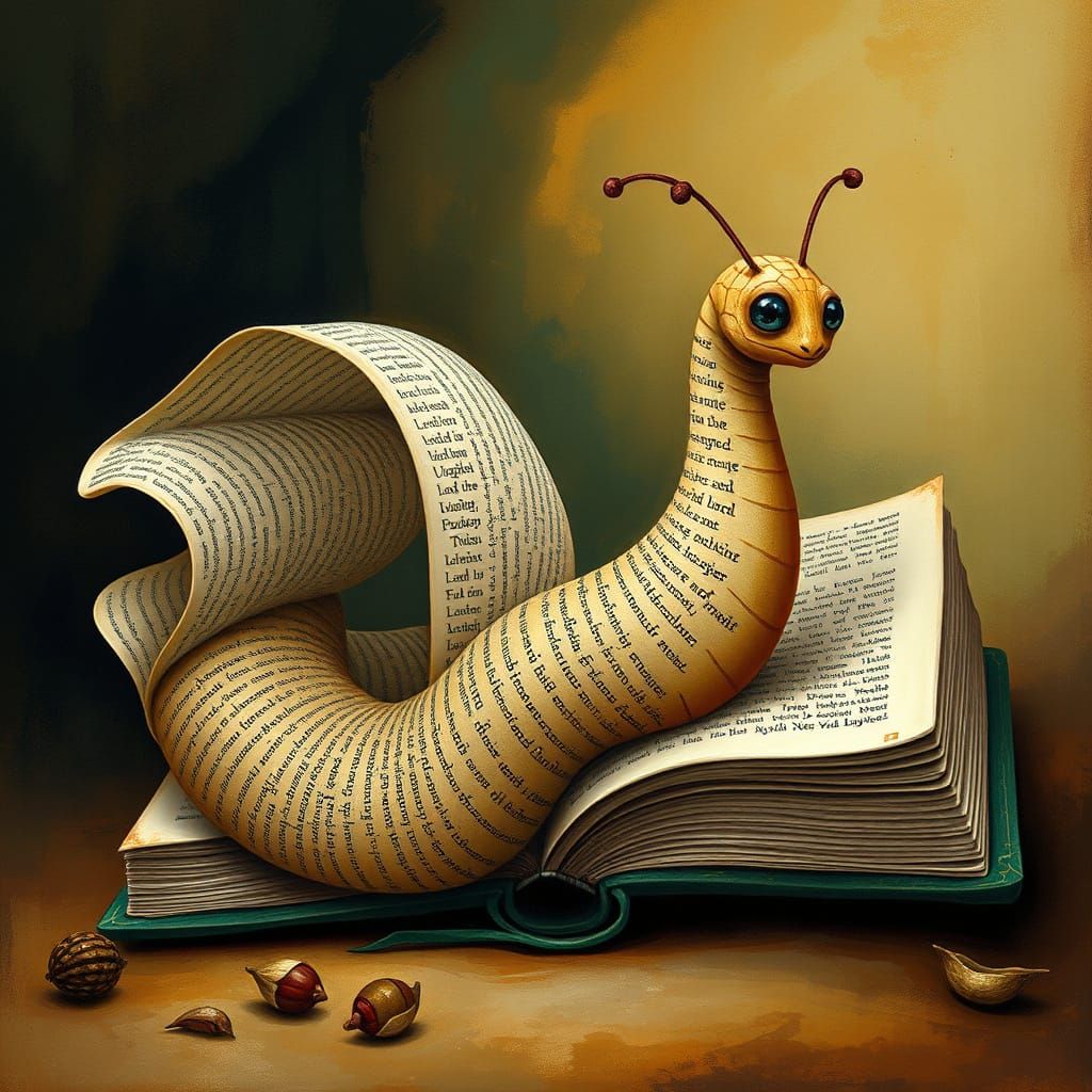Whimsical Worm Blends with Book in Dreamlike Scene