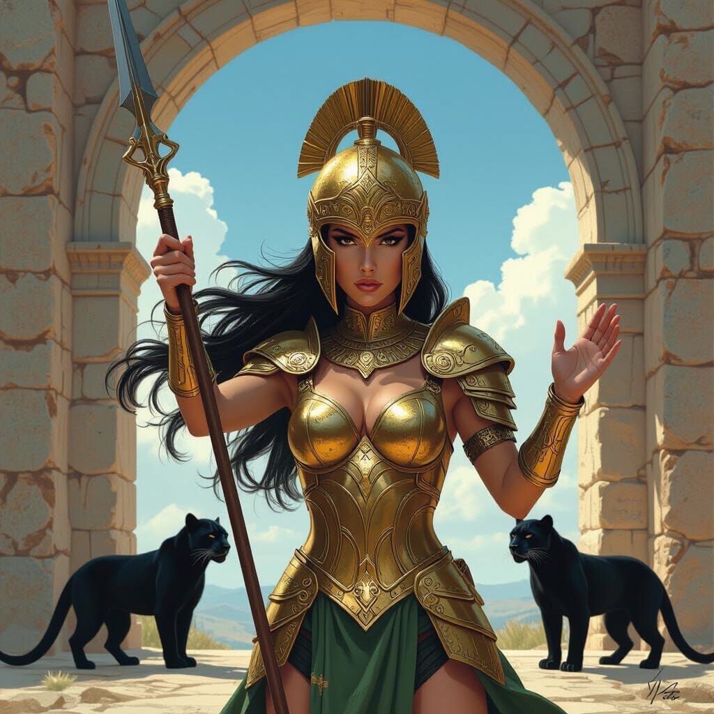 Female Warrior with Panthers in Digital Painting Style